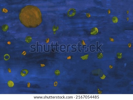 Kid's Gouache Painting of space, moon and stars. A Horizontal Picture. Yellow Moon and Stars in a Dark Blue Sky.
