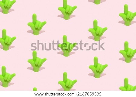 Fluorescent green ILY, I love you symbol icon. Seamless pattern, isometric view. Hand gestures, love concept.