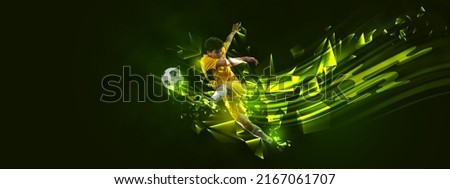 Forward. Flyer with soccer, football player in motion and action with ball isolated on dark background with polygonal and fluid neon elements. Concept of art, creativity, sport, energy and power Royalty-Free Stock Photo #2167061707