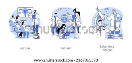 Medical college classes isolated cartoon vector illustrations set. Lecture and seminar, laboratory course, teaching assistant to medical students, university educational process vector cartoon.