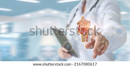 Doctor clicks on a virtual computer screen on the anatomy of the mucous membranes of the throat and nose. Royalty-Free Stock Photo #2167080617