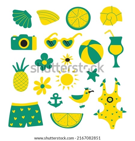 Set of cute summer icons isolated on white backgroun. Tropical holidays. Summer beach. Vector illustration.