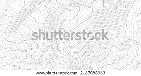 Black White Topography Contour Outline Map With Relief Elevation Vector Abstract Background. Topographic Geography Wallpaper. Vintage Cartographic Art Old Geographic Territory Treasure Hunt Adventure Royalty-Free Stock Photo #2167088963