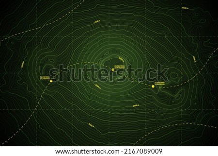 Sea Abyss Crater Vector Topographic Map With Depth Route And Coordinates Conceptual User Interface Dark Green Background. Topography Relief Of Dormant Volcano Underwater Area Abstract Illustration Royalty-Free Stock Photo #2167089009