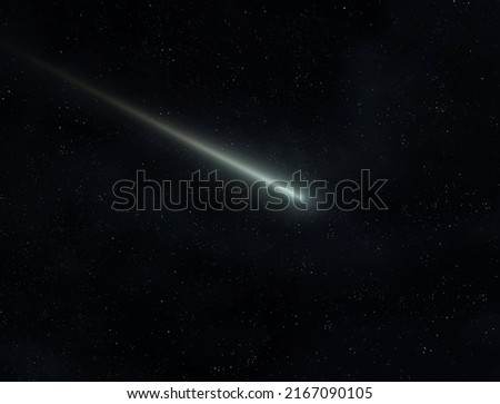 Meteor glowing trail in the atmosphere. Bright meteorite in the night sky. Beautiful falling star.