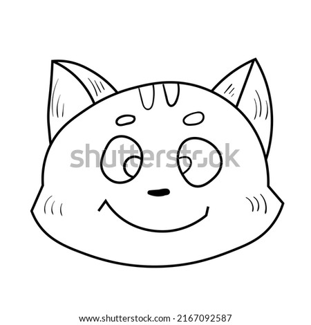 Doodle cat emotion head. Smile face. Cute fun kid vector illustration. Black line art animal on white background.