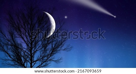 amazing night sky view. new moon light and comet in starry sky Royalty-Free Stock Photo #2167093659