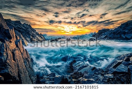 Waves of the sea surf at dawn. Sea surf at dawn. Beautiful sunrise over sea surf. Sea surf waves at dawn Royalty-Free Stock Photo #2167101815