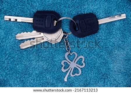 A bunch of keys from the apartment with a keychain on a blue background.