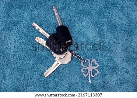 A bunch of keys from the apartment with a keychain on a blue background.