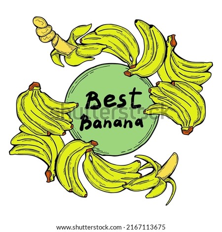 Sweet yellow banana fruit decorative frame border for product etiquette label. Vegan, bio, organic food. Design template. Hand drawn retro vintage illustration. Old style colorful cartoon line drawing