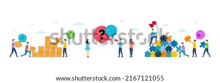Augmented reality, Recovery gear and Parking garage minimal line icons. People characters with puzzle, delivery parcel. Travel passport icons. For web, application, printing. Vector