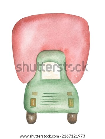 Watercolor transport Illustration, Cute truck print clip art,  hand drawn kids party clipart. Red and green car, nursery transportation. Artwork for textiles, fabrics, souvenirs, baby shower,  card