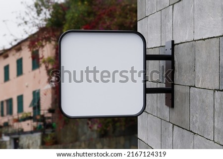 Blank Square Store Signboard, Empty Shop Logo Sign On The Wall. 3d Rendering