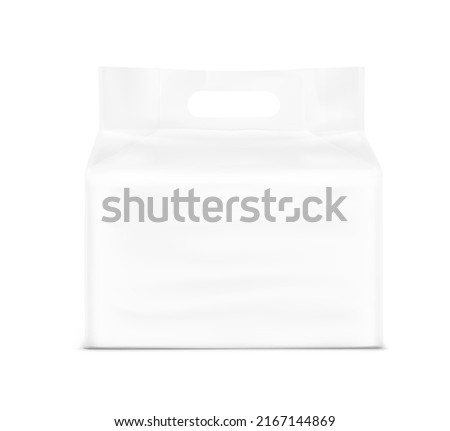 Stand bag with hole handle mockup. Vector illustration isolated on white background. Perfect for presentation nappies, wet wipes, food, cleaning products, household, etc. EPS10.	