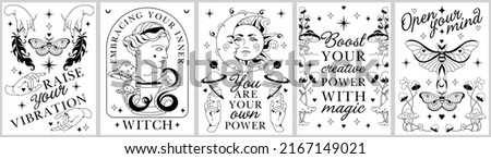 Silhouette vintage prints for t-shirt, tee, celestial affirmations .Alchemy Sacred posters with inspirational slogans. Line art boho graphic.Monohrom, two colors- black and white frames with quotes Royalty-Free Stock Photo #2167149021