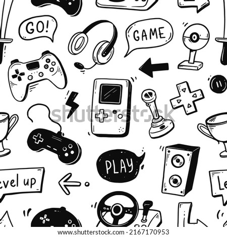Video game hand drawn doodle seamless pattern. Video gamer console, joystick, controller element. Computer retro, arcade play background, wallpaper, pattern. Vector illustration.