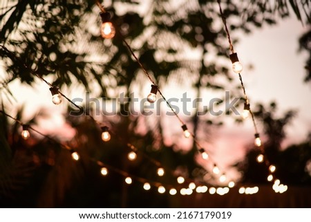 Clothesline with Light decoration Wedding at night focus two or more lamps, photography 