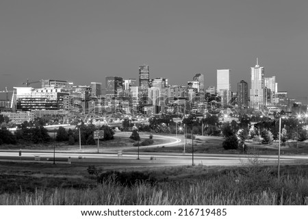Panorama of Denver skyline long exposure at twilight in black and white