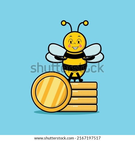 Cute cartoon bee character holding in stacked gold coin vector illustration