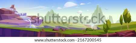 Mountain valley with waterfall, cracks in ground and trees. Vector cartoon panoramic illustration of summer landscape with green grass, rocks and water stream falling from cliff Royalty-Free Stock Photo #2167200545