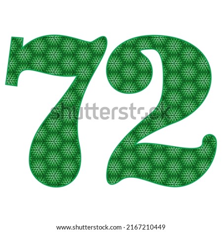Number Seventy Two With Leaves Pattern Vector Illustration. Green Number 72 With Ecological Texture Isolated On A White Background
