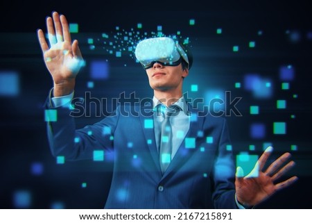 Attractive young european man using VR glasses on abstract blurry blue pixels background. Augmented reality and metaverse concept. Double exposure