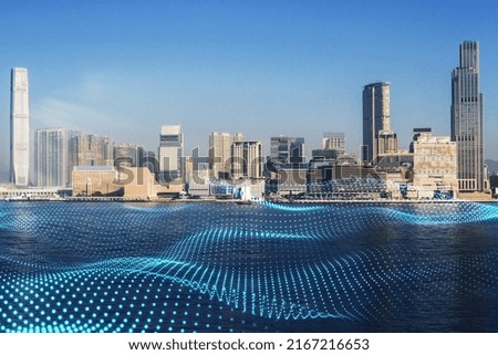 Wi-fi, IOT and smart city concept with abstract digital dotted waves cover river on sunlit city skyline background.