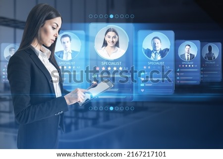 Employee data recruitment and marketplace for search specialists or professional online with young woman using digital tablet on virtual screen background with candidate personal information
