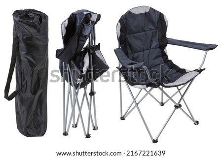 folding gray camping chair in three states, in a cover, half folded and in the unfolded position, on a white background, isolate Royalty-Free Stock Photo #2167221639
