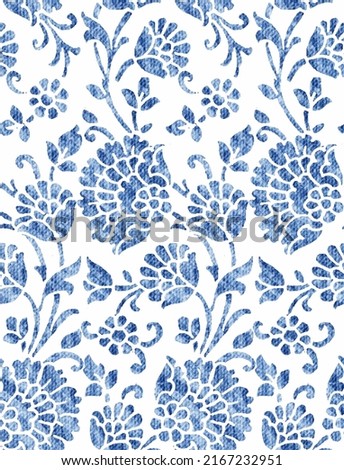 floral seamless folk pattern, ethnic folklore flowers, watercolor illustration in navy blue. Jacobean traditional style on a white background. Classic blue trendy vector illustration Royalty-Free Stock Photo #2167232951