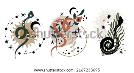 Set of boho design elements with snakes. Trendy witchy illustration. Mystical logo in a minimalist style. Cosmic minimalistic background