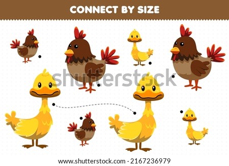 Educational game for kids connect by the size of cute cartoon animal duck and chicken printable worksheet