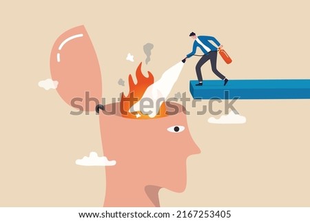 Therapy to cool down burning mind or anger, reduce burnout or mental illness, depression, cure anxiety and stress concept, man with fire extinguisher try to extinguish burning fire on human head. Royalty-Free Stock Photo #2167253405
