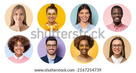 Collage of portraits and faces of multiracial group of various smiling young diverse people for userpic and profile picture Royalty-Free Stock Photo #2167254739