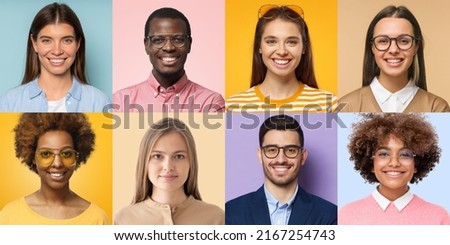 Colorful collage of portrait and face of multiracial group of various smiling young people for userpic, avatar and profile picture. Diversity concept 