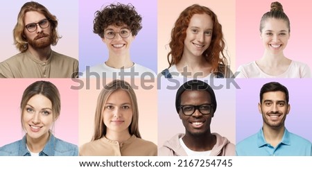 Diversity concept. Group of portraits and faces of diverse young people for profile picture, isolated on various color background