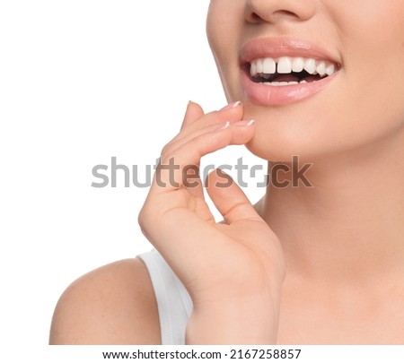 Woman with diastema between upper front teeth on white background, closeup Royalty-Free Stock Photo #2167258857