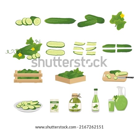 Cucumber icon and product from it. Healthy food, green vegetable, whole and sliced, in box, on plate. Salty eat in jar, food preservation. Cucumber juice in bottle, glass and jug. Vector illustration Royalty-Free Stock Photo #2167262151
