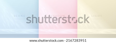 Set of blue, pink, yellow beige background with window lighting and leaf shadow overlay. Abstract minimal scene for products display or copy space. Desk, table with light and shadow on the wall. Royalty-Free Stock Photo #2167283951
