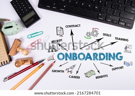 ONBOARDING Business Concept. Computer keyboard and office supplies on a white table. Royalty-Free Stock Photo #2167284701
