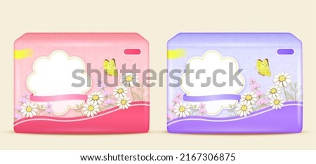 Realistic two sanitary pads packages with floral illustrations on the pack isolated on light yellow background Royalty-Free Stock Photo #2167306875