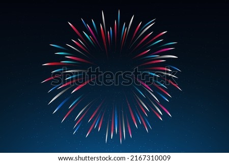 National holiday of the usa. Starry sky background, fireworks in colors of american flag. 4th july us independence day. Happy united states greeting card. Place for text. Vector illustration, poster