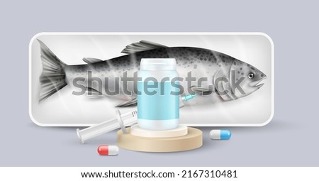 Antibiotic for fish production vector illustration. Preservatives and pharmaceutical additive for seafood. Herring in pack and pills, syringe with injection, medicines capsule realistic 3d design