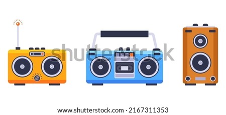 set of musical equipment from the 80s. collection of radio, tape recorder and stereo speaker. flat vector illustration. Royalty-Free Stock Photo #2167311353