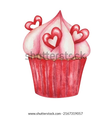 Watercolor illustration of hand painted red cupcake with pink meringue, hearts. Baked muffin with cream. Sweet food dessert for cafe, restaurant. Isolated clip art for packaging, menu, advertisement
