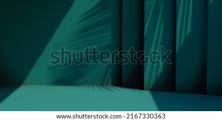 Minimal product placement background with palm shadow on blue plaster wall. Luxury summer architecture interior aesthetic. Boho home room for product platform stage mockup. Royalty-Free Stock Photo #2167330363