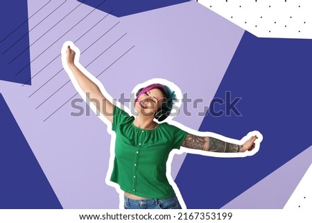 Beautiful tattooed woman with unusual hair listening to music on colorful background