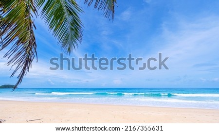 Summer sea season greeting background. Tropical sandy beach with blue ocean and blue sky background image for nature background or summer background in Phuket Thailand