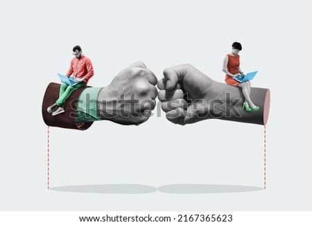 Competition at work between a man and a woman. Art collage. Royalty-Free Stock Photo #2167365623